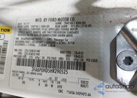 2017 Ford Fusion Se из США, поврежденный, VIN 3FA6P0HD5HR290525